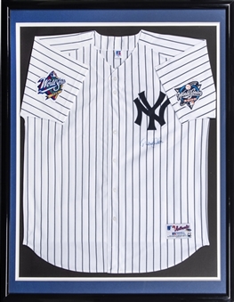 Derek Jeter Signed New York Yankees Home Jersey With 1999 & 2000 World Series Patches In 34x42 Framed Display (Steiner & MLB Authenticated)